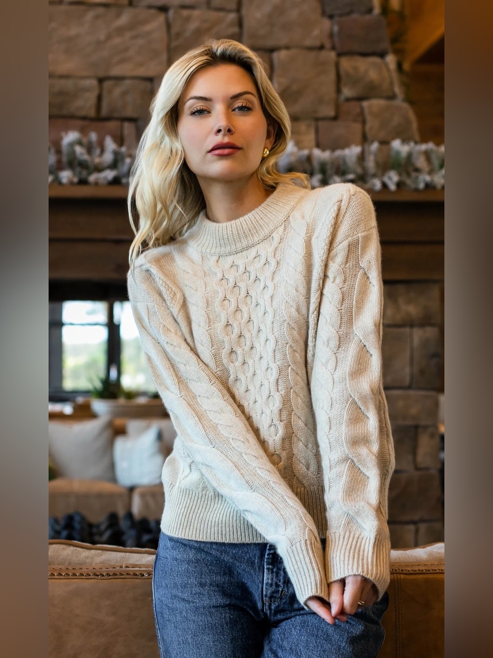 Ravella Moritz 100% Cashmere Cable Knit Mock Neck Sweater Ivory XL